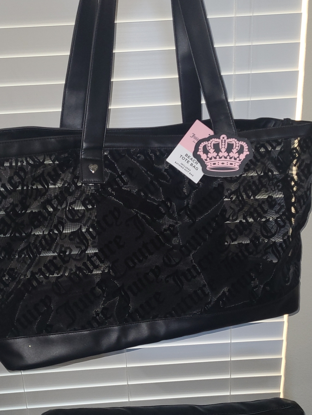 Juicy Couture Black Velvet Logo Beach Tote Bag with Crown Tag
